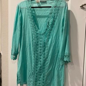 LA BLANCA Bright Blue Beach Cover Up / Tunic w/ Lace Detail